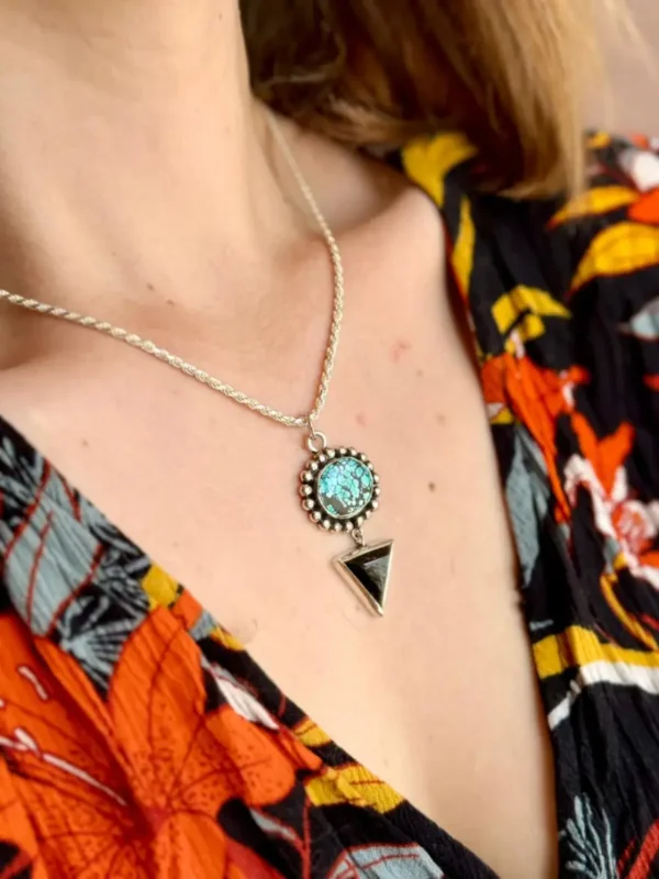 colgante-turquesa tibetana obsidiana plateada-4 Portal Lunar